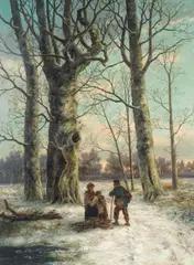 Woods in winter with figures on a snow covered path by Barend Hendrik Koekkoek, oil on canvas, offered Mar 2022