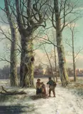 Barend Hendrik Koekkoek, Woods in winter with figures on a snow covered path, oil on canvas