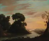 A herdsman with cattle in a river landscape by English School, oil on canvas, sold Mar 2022