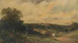 Edwin L. Meadows, Landscape with a haycart and figures on a path, oil on canvas