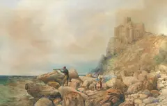 John Mole, Figures on a rocky shore, a castle in the distance, watercolour
