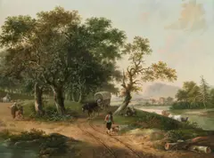 A river landscape with travellers on a path by Fredericus Theodorus Renard, oil on panel, sold Mar 2022