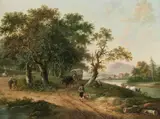 Fredericus Theodorus Renard, A river landscape with travellers on a path, oil on panel