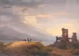 Giuseppe Canella, Paesaggio con figure e rovine di castello, oil on board