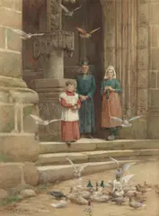 John Edward Goodall, Feeding the birds on the church steps, watercolour heightened with white
