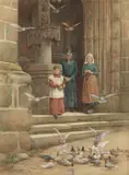 John Edward Goodall, Feeding the birds on the church steps, watercolour heightened with white