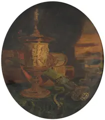 George Lance, Still life of a cup and dagger in an oriental setting, oil on panel