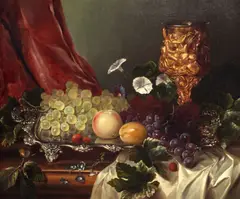 James Charles Ward, Still life of fruit on a silver platter with a gold goblet, oil on canvas
