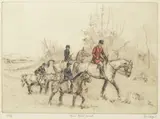 Tom Carr, Four hunting scenes, etching and drypoint with hand-colour
