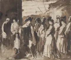 R.A. Augustus Edwin John O.M., Group of figures in a landscape, ink and pen and ink on paper, squared for transfer