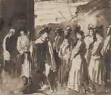 R.A. Augustus Edwin John O.M., Group of figures in a landscape, ink and pen and ink on paper, squared for transfer