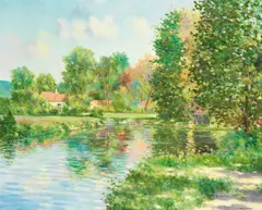 Claude Cambour, Riverside cottages in Summer, oil on canvas