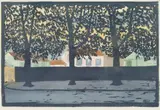 Gabriele Münter, Herbstabend – Sevres, 1907, Farblinolschnitt auf Japanbütten