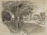 Max Liebermann, Holländische Dorfstraße. 1890er Jahre, Kreide, gewischt und weiß gehöht, auf grauem Papier
