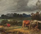 Wilhelm Busch, Rotjacke und weidende Kühe in hügeliger Landschaft