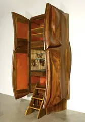 Phillip Lloyd Powell, Bar cabinet, 1967, Walnut, slate, velvet, glass and found objects