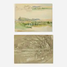 Peter Moran, two works, c. 1886, graphite and gouache on paper, watercolor and graphite on paper