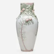 Karl Lindstrom for Rörstrand, floor vase with pinecones, c. 1900, carved and reticulated glazed porcelain