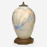 mermaid lamp base by Félix-Pascal Févola for Jean-Jacques Lachenal, c. 1925, hand-painted glazed earthenware, mixed metals, sold Sep 2020