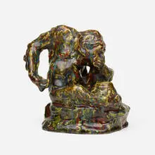monkey inkwell by Pierre-Adrien Dalpayrat, 1893-1906, oxblood glazed stoneware, sold Sep 2020