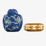 covered jar and low bowl by North Dakota School of Mines, 1927, 1948, glazed and carved earthenware, sold Sep 2020