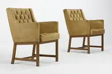 Erik Karl Exselsius, arm chairs, pair, c. 1959, leather, teak