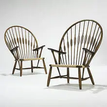 Peacock chairs, pair by Hans J. Wegner, c. 1950, stained ash, walnut, rush, sold Mar 2007