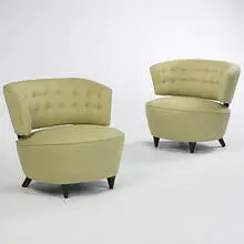 lounge chairs, pair by Gilbert Rohde, c. 1940, upholstery, lacquered wood, sold Mar 2007