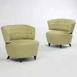 Gilbert Rohde, lounge chairs, pair, c. 1940, upholstery, lacquered wood