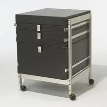 Jules Wabbes, cabinet, c. 1960, lacquered wood, aluminum, chrome-plated brass