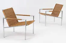 Martin Visser, armchairs model #SZ01, pair, 1960, chrome-plated steel, rattan