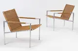 Martin Visser, armchairs model #SZ01, pair, 1960, chrome-plated steel, rattan