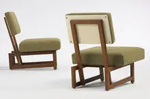lounge chairs, pair by André Sornay, c. 1955, mahogany, upholstery, lacquered wood, sold Mar 2007