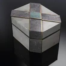 Karl Springer, lidded box, 1987, marble, composite stone, turquoise, brass