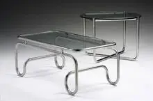 Art Déco, side tables, pair, c. 1935, stainless steel, glass