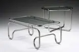 Art Déco, side tables, pair, c. 1935, stainless steel, glass