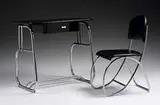 K.E.M. Weber, desk, model #WD-51-A and chair, model #WDC-51-C, c. 1937, lacquered wood, chrome-plated steel