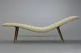 Edward Wormley, Listen-To-Me chaise, model #4873, c. 1957, laminated maple, cherry, silk, brass-plated steel