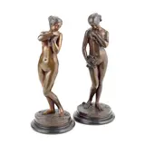 Charles Cumberwoth, and Charles-Auguste Fraikin (Belgium, 1817-1893): A pair of 19th century patinated bronze figures of classical female nudes, patinated bronze