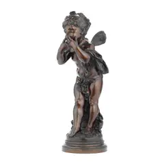 Auguste Moreau, patinated bronze figure of a standing winged putti blowing kisses, patinated bronze