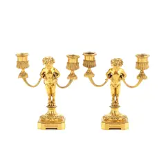 Henry Dasson, pair of late 19th century gilt bronze dwarf figural candelabra, gilt bronze