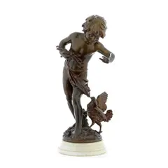 Auguste Moreau, patinated bronze figure of a young boy and a hen, patinated bronze