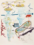 Liquid Tornado Bath Tub, from Imaginations and Objects of the Future (Michler/Löpsinger 823, Field 75-11B) by Salvador Dalí, 1975, Drypoint and lithograph with screenprint and collage on wove paper, offered Jun 2022