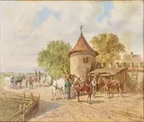 Franz Quaglio, Townscape with horses, oil on board