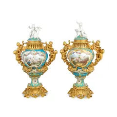 Victor Paillard, pair of important and impressive First Universal 'Great Exhibition' gilt bronze and Sèvres style 'Bleu Céleste' turquoise glazed porcelain ground vases and covers, circa 1851, gilt bronze