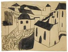 Werner Heldt, Häusergruppe am Berg“ („Stadt“), 1929, Graphit auf Bütten