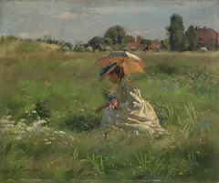 Ernst Henseler, Blumen pflückende Frau mit Sonnenschirm („Vergißmeinnicht“), Öl auf Holz