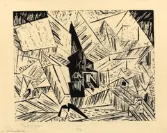 Dorf (mit Kirche) by Lyonel Feininger, 1919, Holzschnitt auf dünnem halbtransparenten Papier (aus einem Skizzenblock), sold Nov 2013