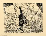 Dorf (mit Kirche) by Lyonel Feininger, 1919, Holzschnitt auf dünnem halbtransparenten Papier (aus einem Skizzenblock), sold Nov 2013