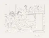 Pablo Picasso, Vieux sculpteur grec avec modèle, vase aux trois anémones et autoportrait sculpté, 1933, Radierung auf Velin (Wasserzeichen: Vollard)